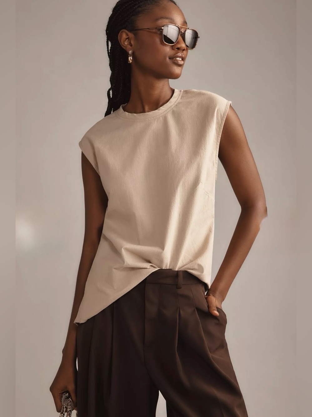 Anthropologie Open-Bank Muscle Top NWT M Beige Cotton Stretch